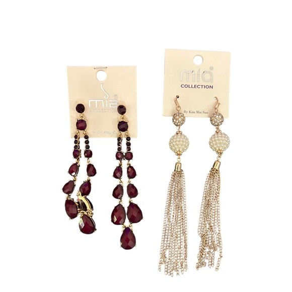 2 Mia Collection Earrings Burgandy White Gold Colors Stud Dangle Drop Long NEW - Picture 1 of 9